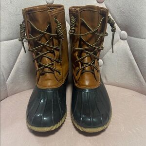 The Original Duck Boot- Brown Leather & Black Rubber Lace-Up, women size 8, GUC